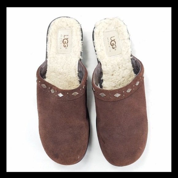 UGG Fiona Suede Mule Slip On Clog Shoes Brown Sz 8 Shearling 5546 Copper Studded - Picture 14 of 16